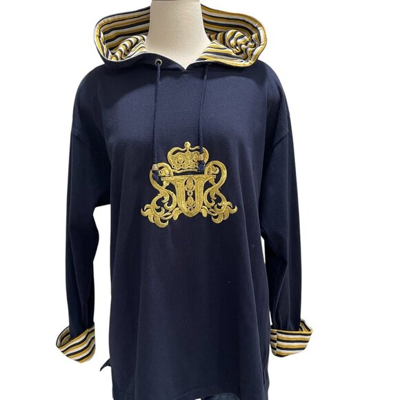 Folette Navy Blue Hoodie Embroidered Gold Crest Nautical Preppy Retro Casual - Picture 8 of 9